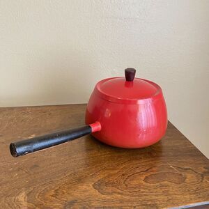 Vintage Red Fondue Pot Wooden Distressed Handle Replacement Retro 70s